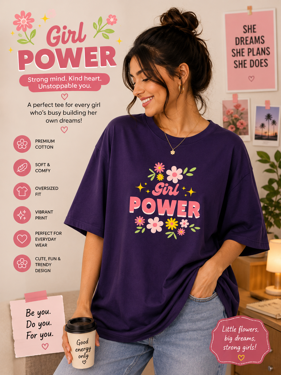 🌸 Girl Power – Oversized Tee 💜✨