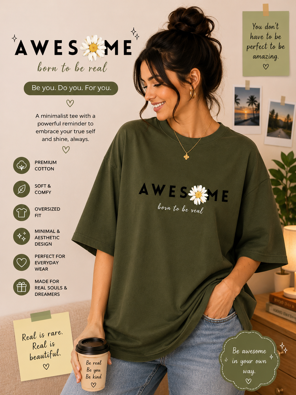 🌼 Awesome – Born to Be Real – Oversized Tee 🌿✨