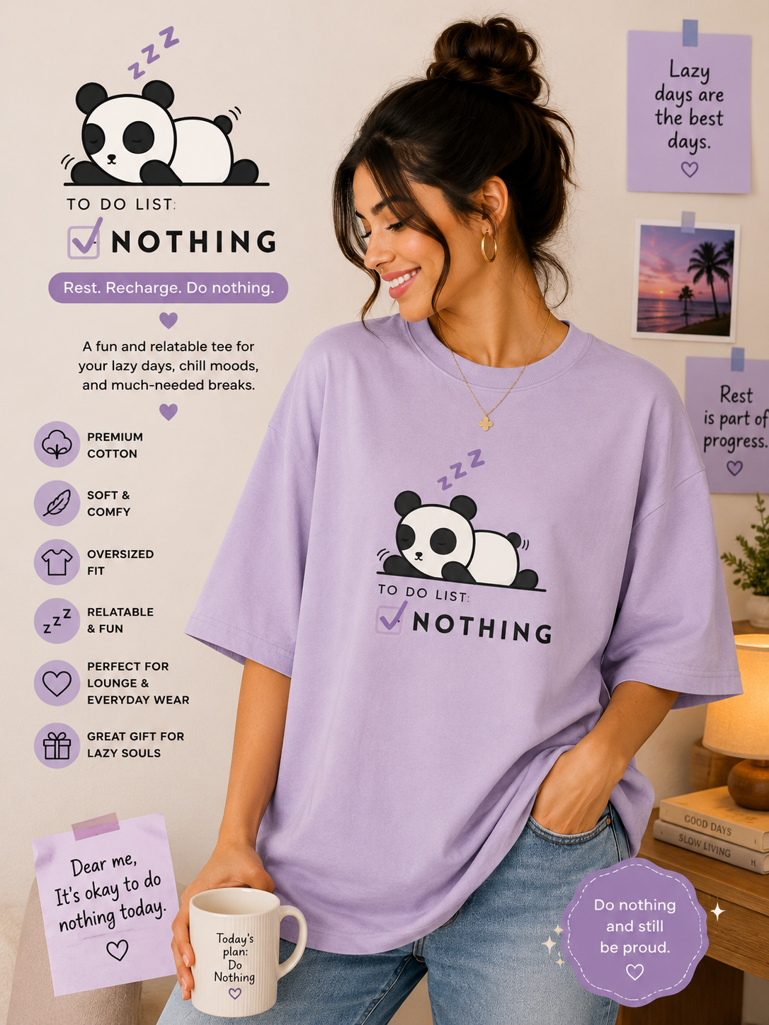 🐼 To Do List: Nothing – Oversized Tee 💜✨