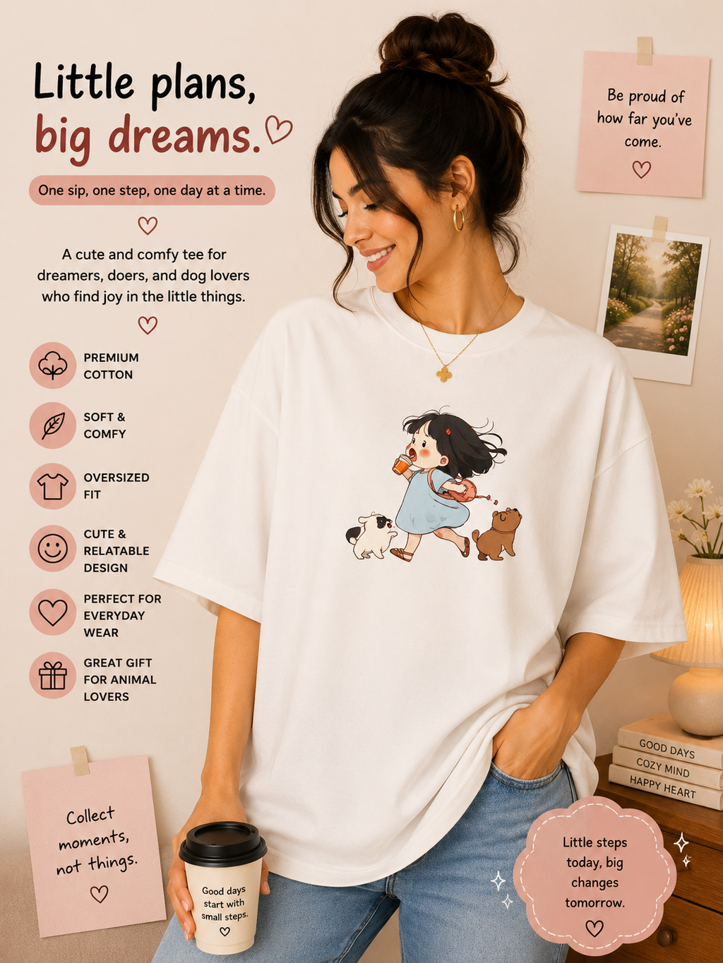 🌸 Little Plans, Big Dreams – Oversized Tee 🐶✨