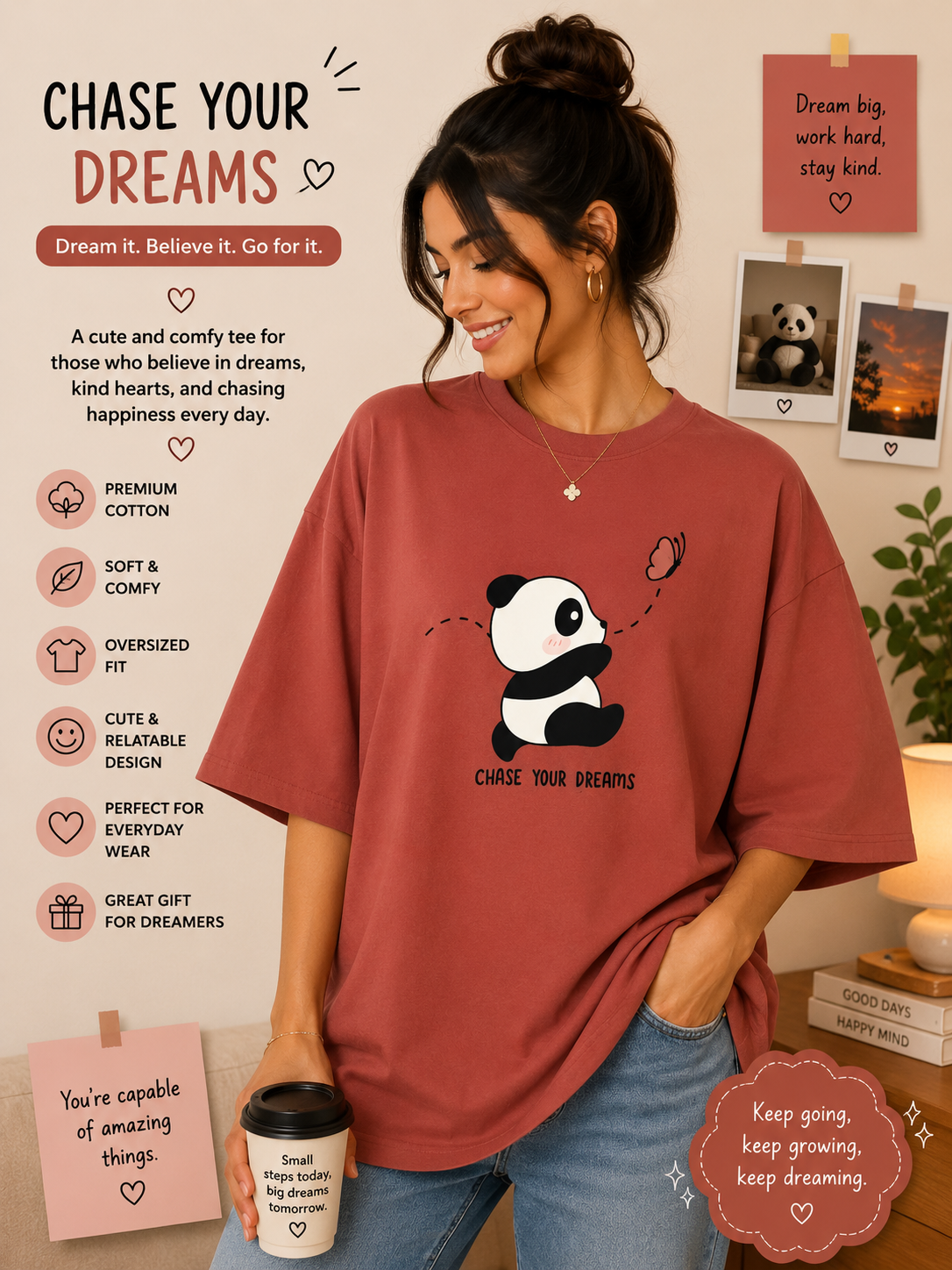 🐼 Chase Your Dreams – Oversized Tee ✨🌸