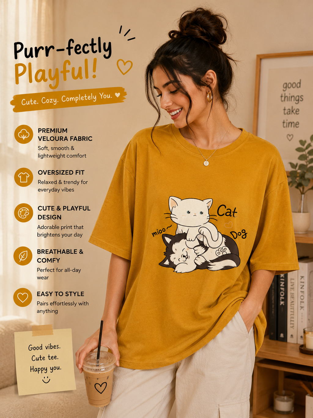 Cute Cat &amp; Dog Besties Oversized Tee 🐱🐶✨
