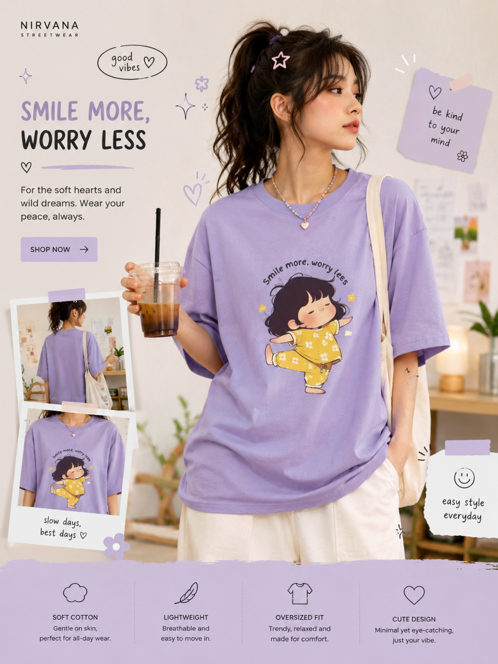 💜 Smile More, Worry Less Oversized Tee