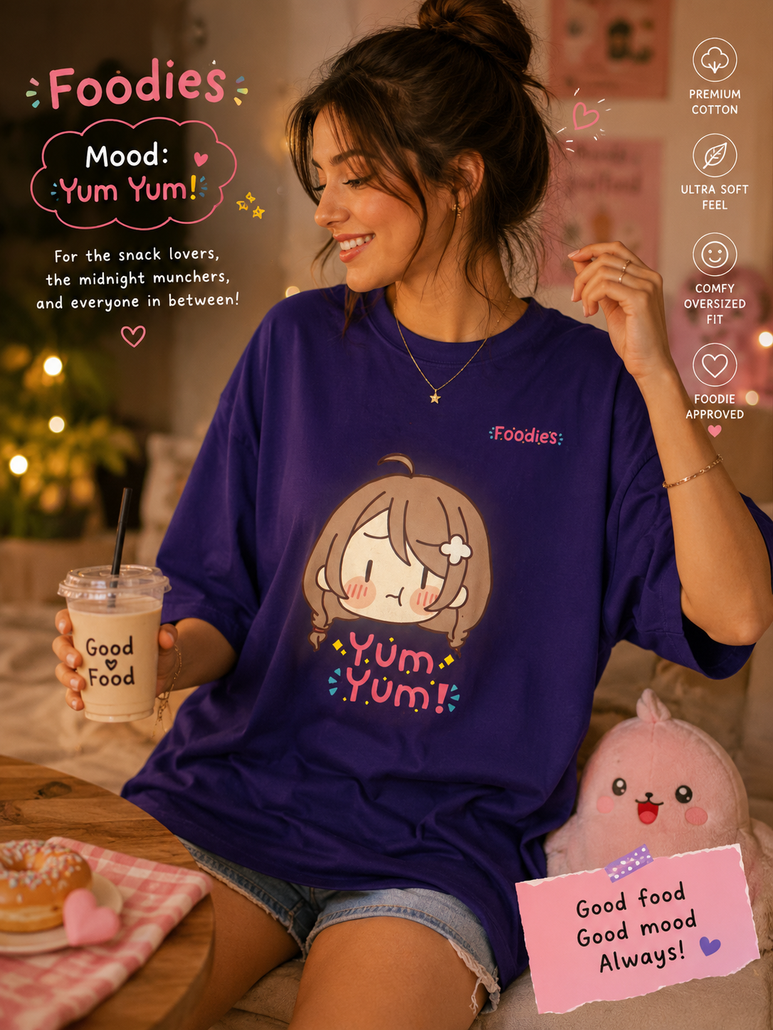 🌸 Yum Yum! – Oversized Tee 🍩💜